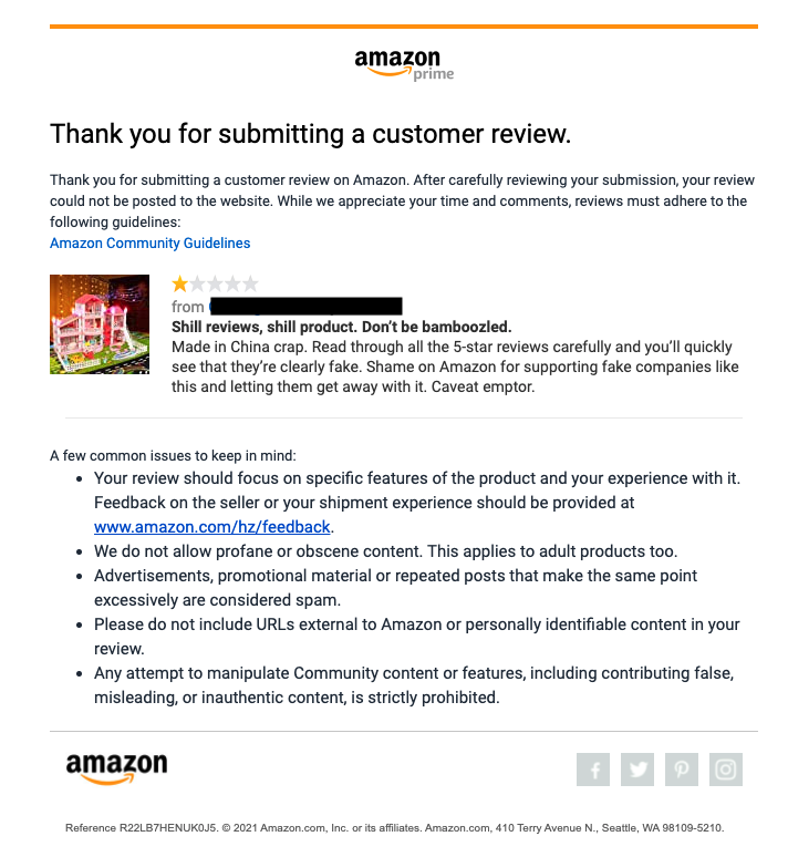 amazon rejects callout of fake reviews